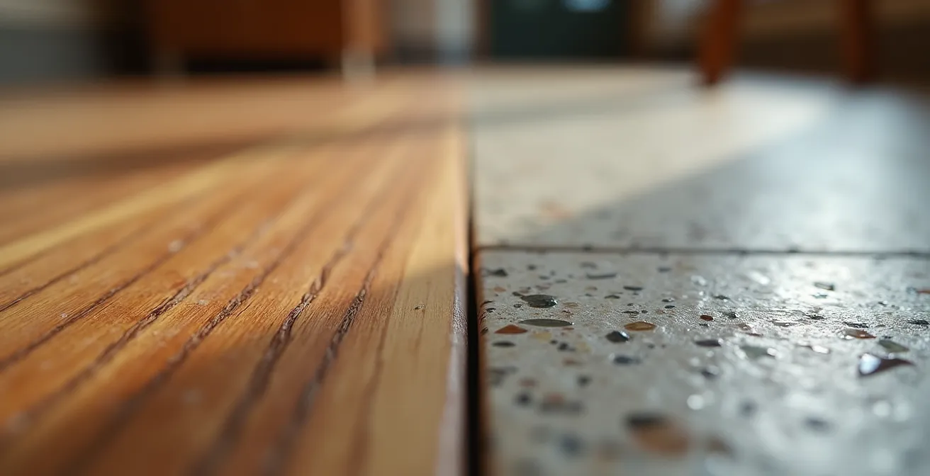 Détail architectural montrant la transition lumineuse entre cuisine et salon