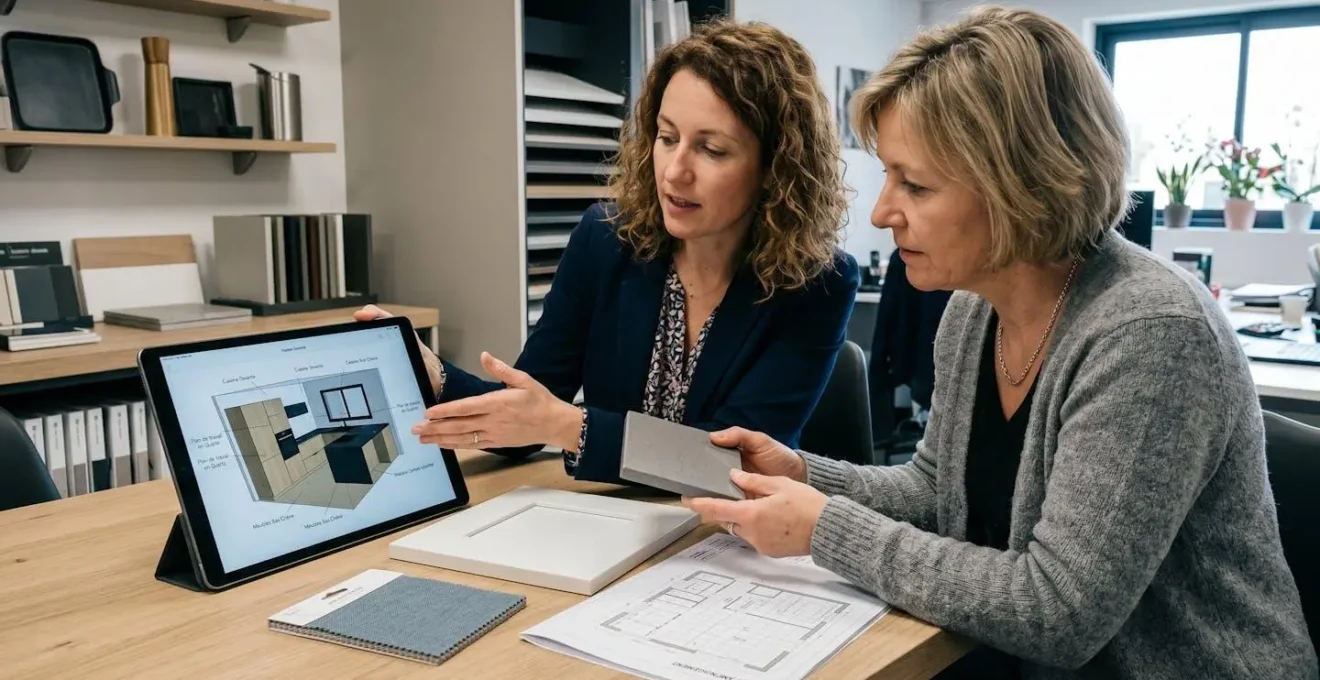 Conseiller cuisiniste et client comparant rendu 3D sur tablette avec échantillons matériaux physiques sur table showroom, vue de profil