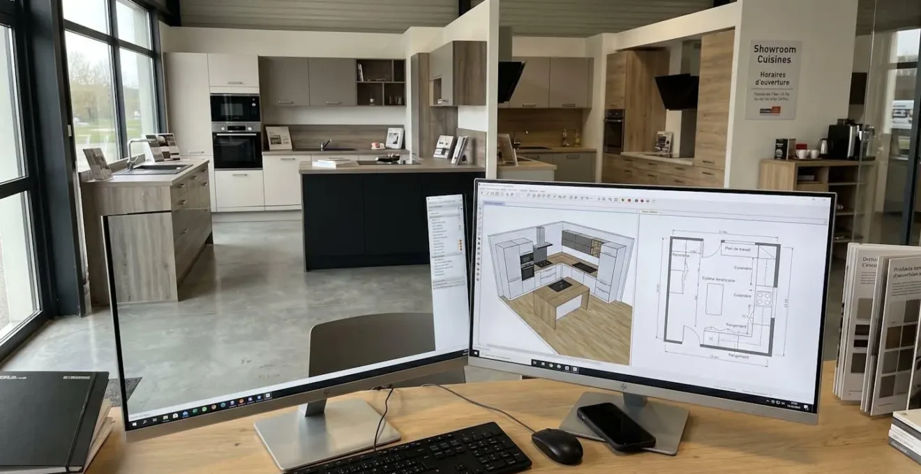 Showroom cuisiniste moderne avec grand écran affichant logiciel de conception 3D et modules cuisine physiques visibles en arrière-plan