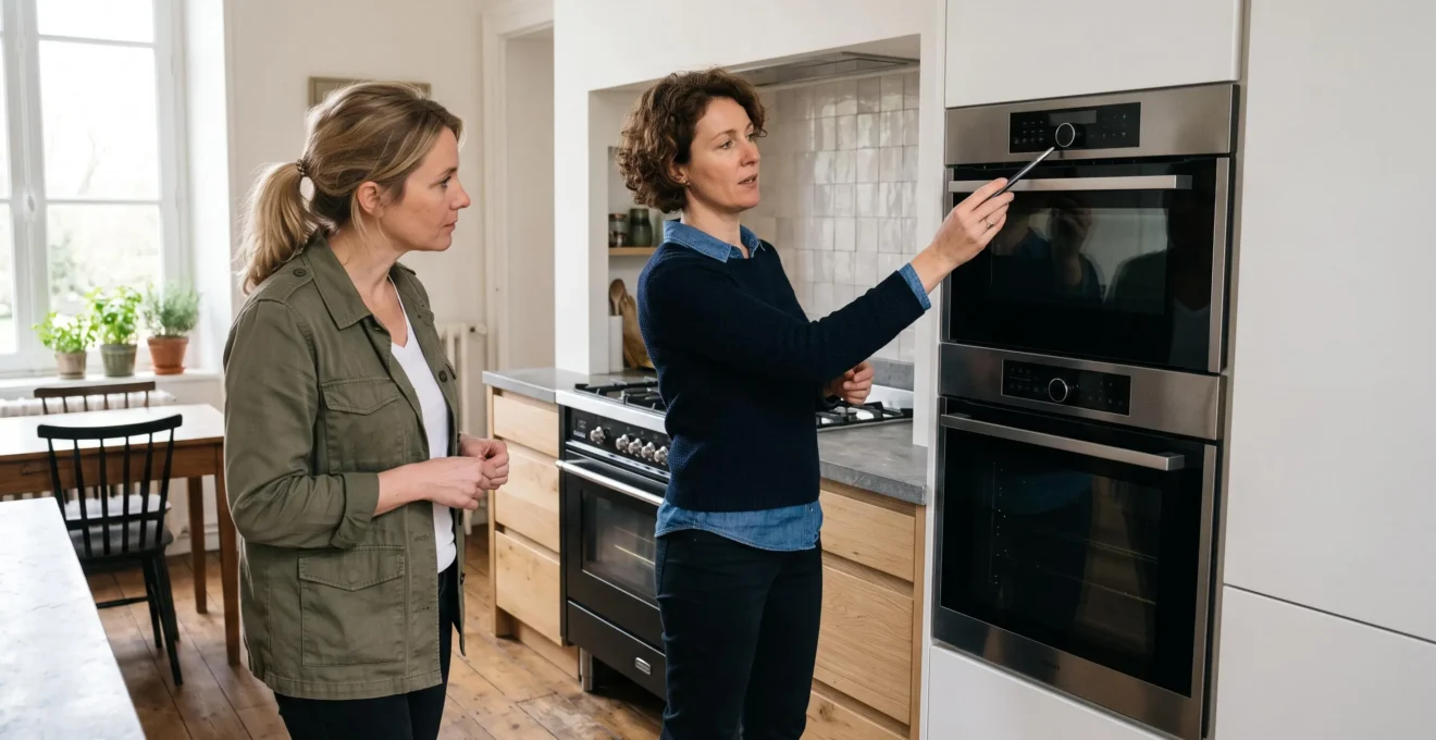 Une conseillère cuisine présente à un propriétaire un four encastré dans une colonne et une cuisinière en pose libre dans une cuisine rénovée.