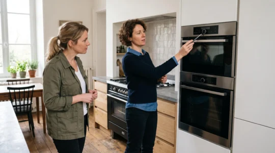 Une conseillère cuisine présente à un propriétaire un four encastré dans une colonne et une cuisinière en pose libre dans une cuisine rénovée.