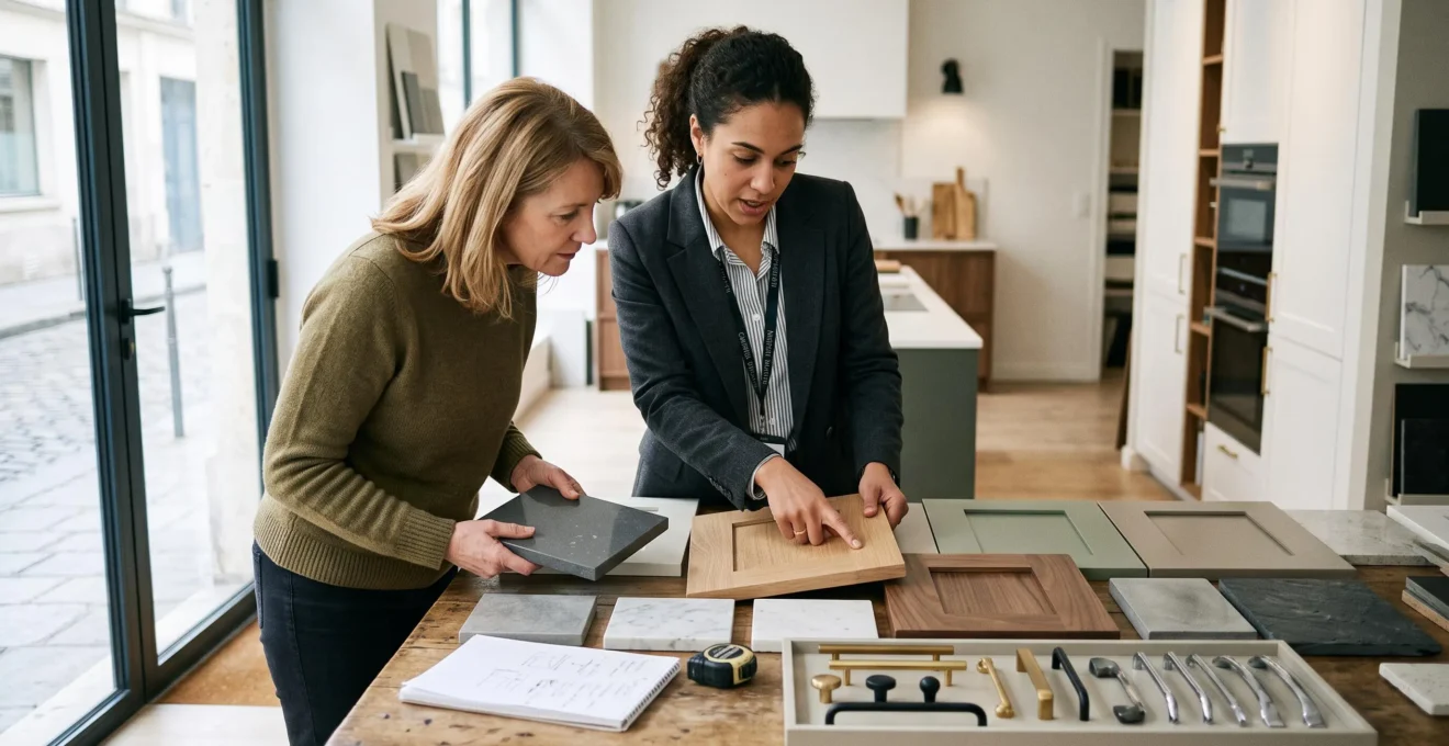 Cuisiniste professionnel consultant avec un client autour d'échantillons de matériaux dans un showroom de cuisines.