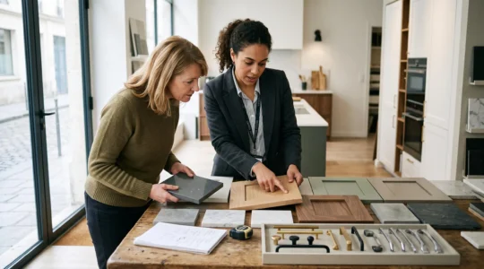 Cuisiniste professionnel consultant avec un client autour d'échantillons de matériaux dans un showroom de cuisines.