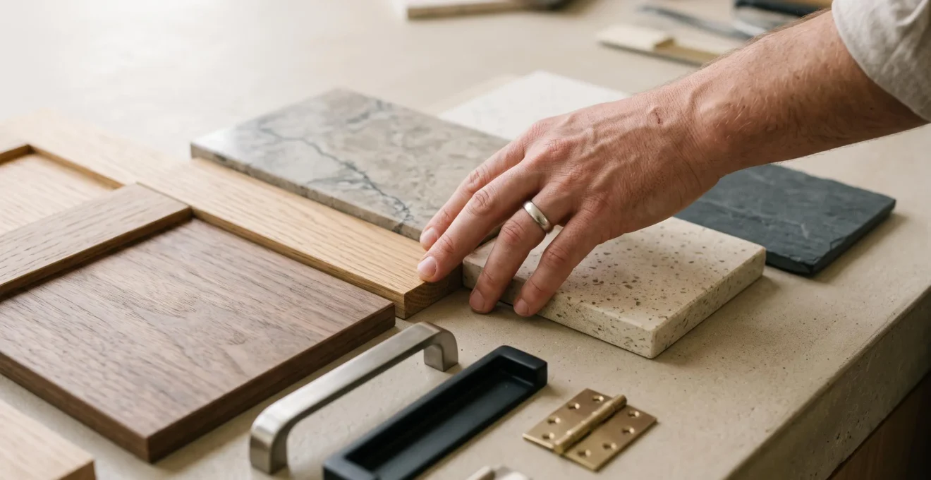 Main d'un professionnel présentant différents échantillons de matériaux pour cuisine incluant bois, plans de travail et quincaillerie.