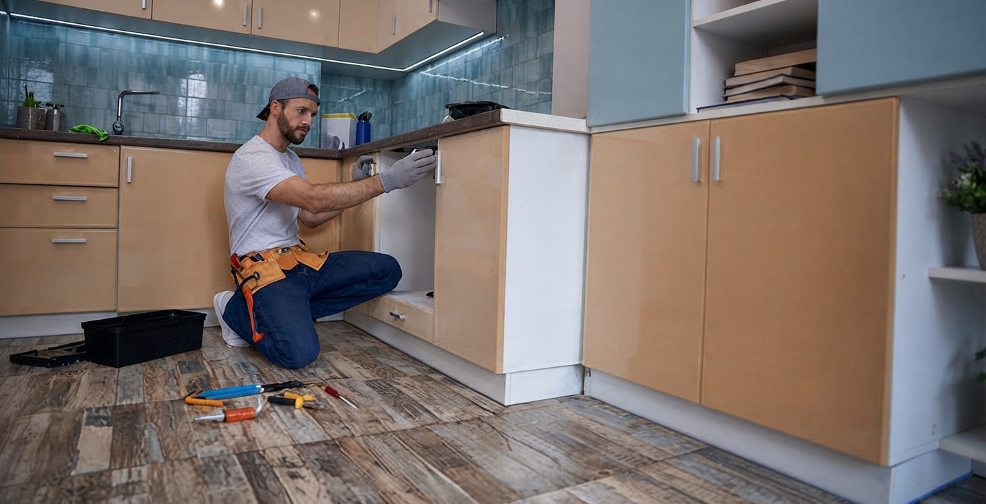 Cuisiniste professionnel prenant des mesures précises dans un espace cuisine existant avec un télémètre laser.