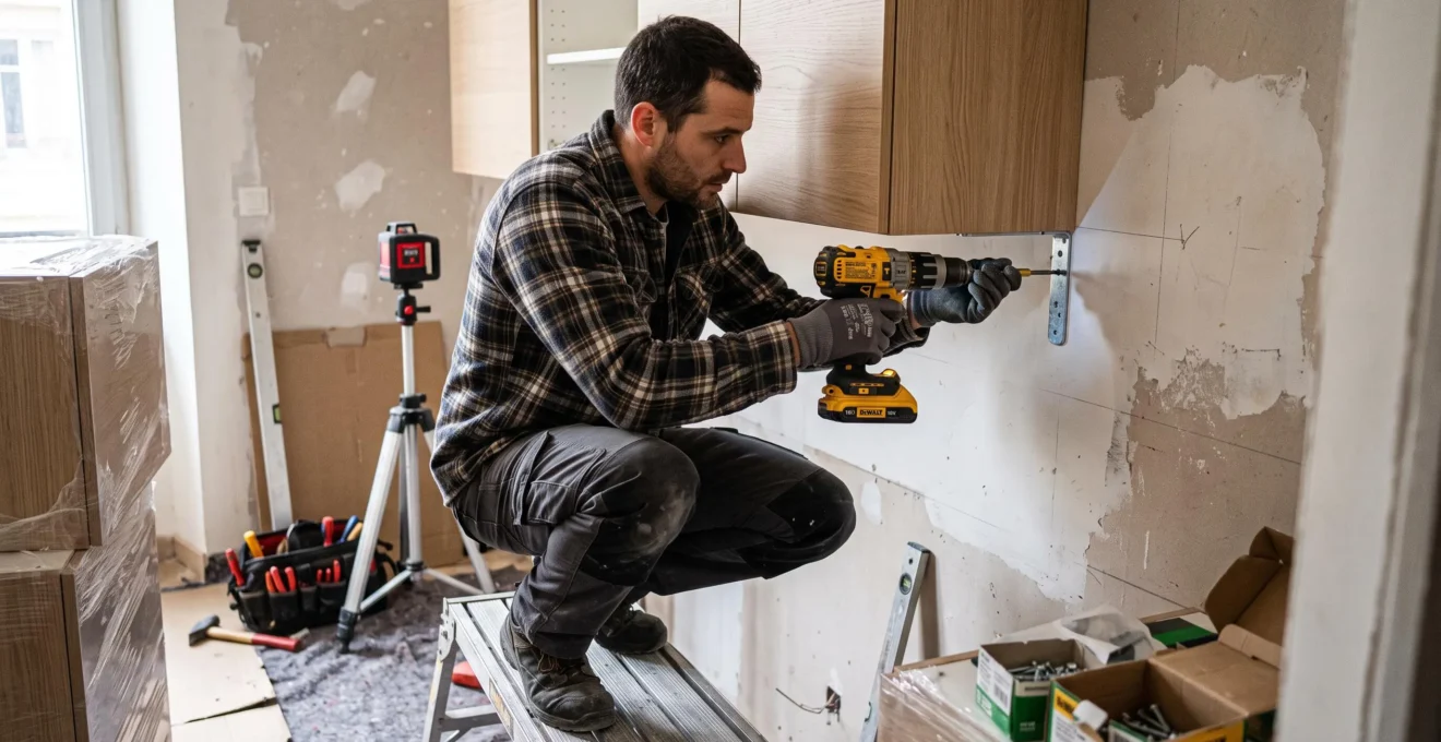 Installateur professionnel montant un meuble de cuisine sur un chantier de rénovation avec une visseuse électrique.