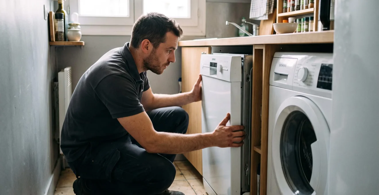 Un technicien glisse un lave-vaisselle encastrable dans un meuble étroit sous le plan de travail d'une kitchenette de studio.